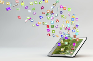 Tablet PC with cloud of application icons