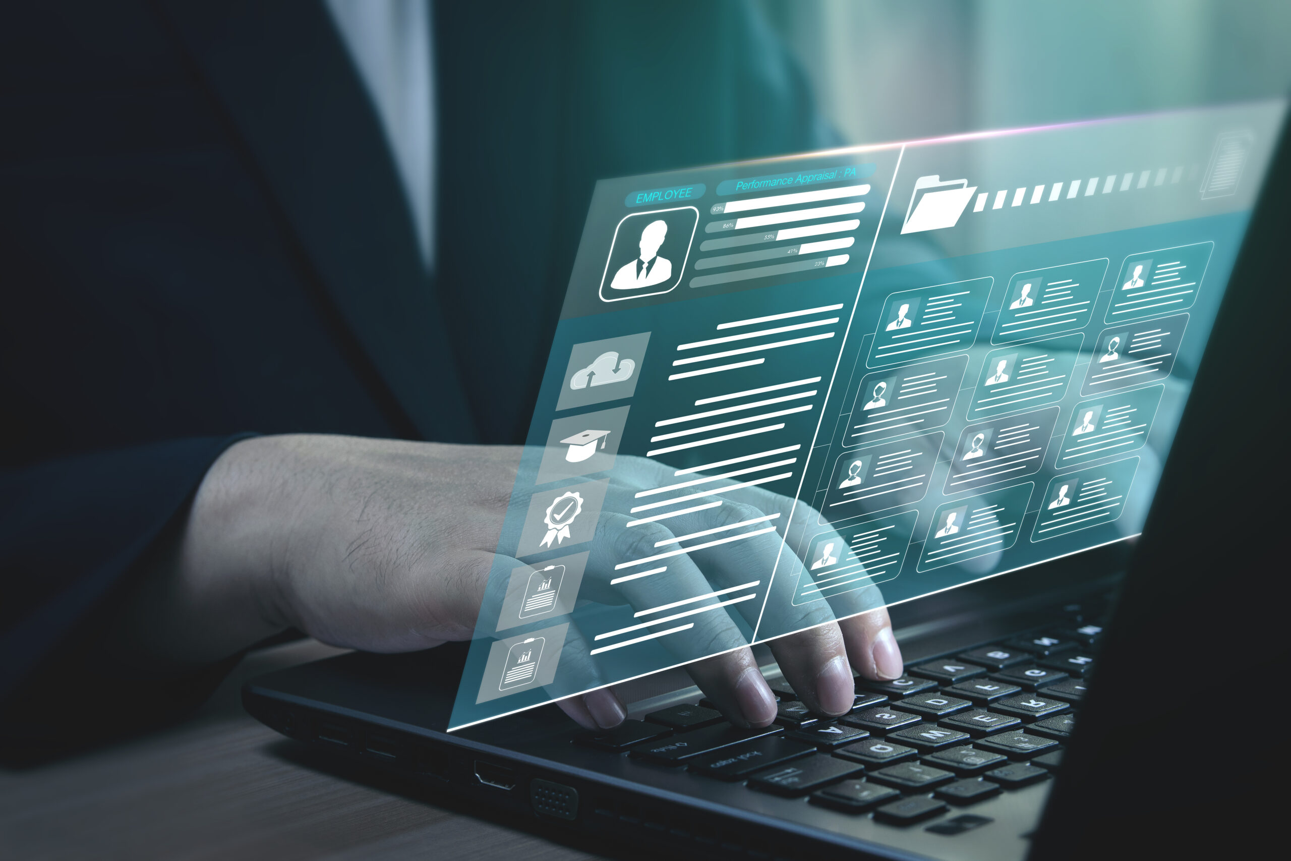 Checklist and assess performance of individuals in business organizations with technology of online databases, data on laptops showing analytical and processing results percentages